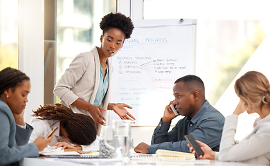 Image showing Lazy, distracted and technology addiction in meeting with business people or colleagues using phones in a presentation. Briefing, annoyed and boss frustrated at employee or team fail in a boardroom