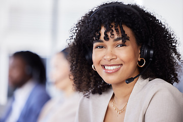 Image showing Callcenter, customer service or black woman portrait for support, consulting or networking in office. Manager, CRM smile or sales advisor face on tech for telemarketing, research or contact us help