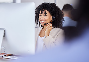 Image showing Callcenter, customer service or black woman on computer for support, consulting or networking in office. Manager, CRM or sales advisor on tech for telemarketing, research or contact us help at desk