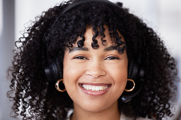 Image showing Callcenter or portrait of black woman with microphone for customer support, consulting or networking in office. Smile, CRM or happy sales advisor face for telemarketing or telecom contact us closeup