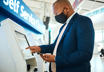 Image showing Covid, travel and self service phone with black man in airport for online booking, ticket or technology. Vacation, business trip and kiosk with passenger typing for flight, airline and check in