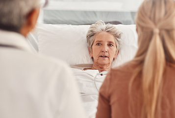 Image showing Hospital visit, senior woman and consultation of a elderly person in bed listening to results. Support, medical consulting and old patient in clinic bed listen to medicine advice and counseling