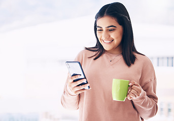 Image showing Happy woman, phone or drinking coffee in house on social media app, mock up website or internet email news. Smile, student or relax person with tea cup, mobile blog or mockup communication technology