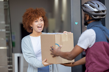 Image showing Black woman, ecommerce and excited for delivery box, support or service and online purchase or order at door. Happy African American female customer in surprise for package, deliver or shipment