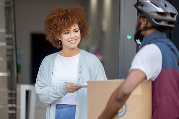 Image showing Black woman, ecommerce and smile for delivery box, cargo service and online purchase or order at door. Happy African American female customer smiling with papers for package, deliver or shipment