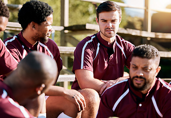 Image showing Break, rugby and team of sports men talking, relax and share ideas for training at a field. Fitness, friends and man group discuss game strategy before match, workout and planning practice in huddle