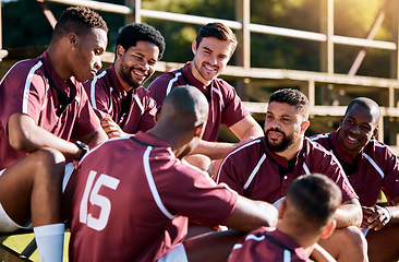 Image showing Rugby, men and sports team talking, relax and share ideas for training at a field. Fitness, friends and man group discuss game strategy before match, workout and planning, preparation and huddle