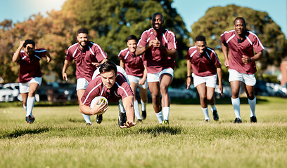Image showing Rugby, athlete on grass field and sports game with men, team running and player score try with ball, fitness and active outdoor. Exercise, championship and teamwork, cheers with action and energy