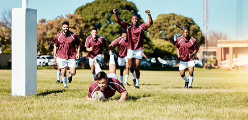 Image showing Rugby, team and sports game with men celebrate player scoring a try, fitness and active outdoor with cheers. Happy, winning and support with competition and exercise, championship match and energy