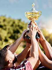 Image showing Rugby, champion or hands of team with trophy for achievement, goals or group success together. Celebration, gold winner or happy people with cups awards for winning a sports competition or tournament