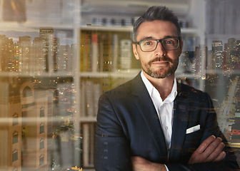 Image showing City double exposure, business man and ceo portrait of a employee in office at night feeling proud. Corporate success, executive manager and businessman with mock up ready for working and leadership