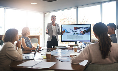 Image showing Business leader, woman and slideshow at team building seminar for company growth. Working, market research data and workshop of a female manager meeting with marketing group in office with tech