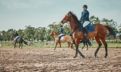 Image showing Woman, horse and race with ride, space and mockup with portrait, smile and outdoor sports in nature. Equestrian, riding and smile for sport with helmet, safety and happiness for fitness with mock up