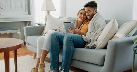 Image showing Couple, happy or tablet for communication, networking or social media app at home. Movie, video or love man and woman relax in living room streaming online, internet or website with smile in house