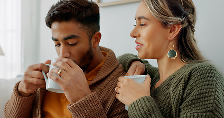 Image showing Movie, coffee and couple watching tv or streaming an online series via a subscription for fun entertainment at home. Relaxing, smile and happy woman enjoying a film together on a sofa with partner