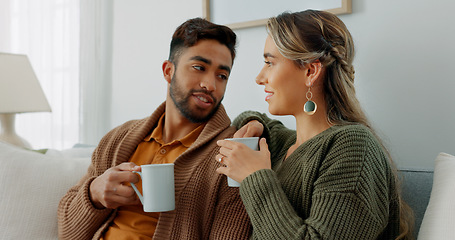 Image showing Movie, coffee and couple watching tv or streaming an online series via a subscription for fun entertainment at home. Relaxing, smile and happy woman enjoying a film together on a sofa with partner