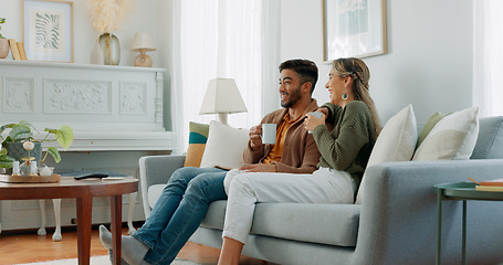 Image showing Relax, coffee and watching tv with couple on sofa together for movie, streaming service or television. Happy, love and tea with man and woman in living room at home for video, film and news lifestyle