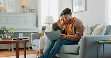 Image showing Laptop, living room and couple search website information for home investment, loan or real estate property discussion on sofa. Young people on couch with pc internet, planning future together