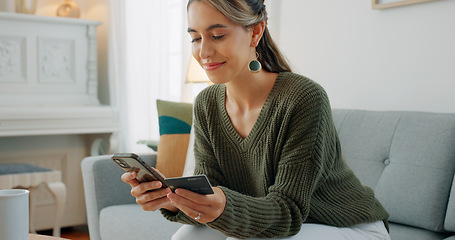 Image showing Brazil, phone or woman with credit card payment on sofa for online shopping, fintech or ecommerce app at home. Happy, relax and girl with smile for digital banking, website store purchase or trading