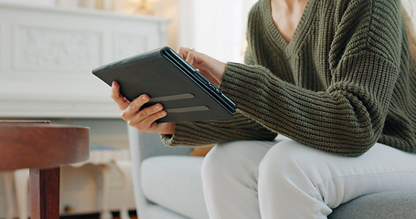 Image showing Tablet, website ux and woman on sofa for internet, online search or social media network in home living room. Digital technology, web design and relax girl or user hands with designer software app