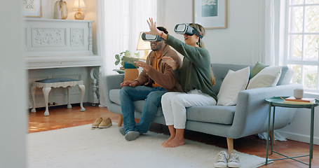 Image showing Vr, virtual reality metaverse and couple on sofa in living room home exploring a virtual world, ai or cyber game. 3d future app, diversity and tech gaming man and woman playing software video games.