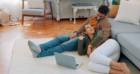 Image showing Love, laptop and relax diversity couple enjoy quality time together, house peace and bonding in home living room. Online shopping, happy woman and calm man in communication discussion about choice