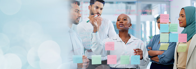 Image showing Meeting, collaboration and sticky notes on glass with a business black woman coaching her team in the office. Strategy, teamwork and planning with a creative man and woman employee group at work