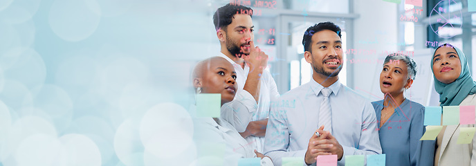 Image showing Meeting, collaboration and sticky notes with a business man training a team while planning strategy on glass in an office. Teamwork, diversity and workshop with a man and woman employee group at work