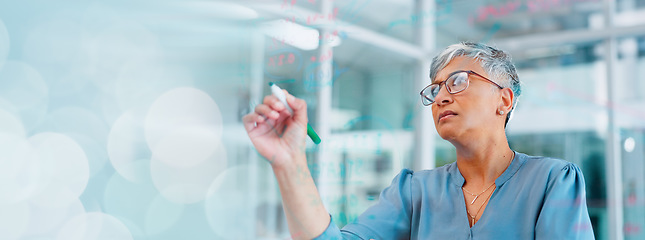 Image showing Corporate, writing and senior woman thinking, glass board and planning sales growth in modern office. Ceo, female entrepreneur and advertising agent make notes, project schedule or brainstorming idea