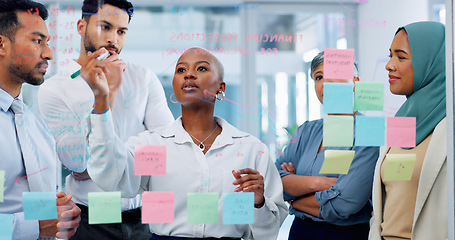 Image showing Meeting, collaboration and sticky notes on glass with a business black woman coaching her team in the office. Strategy, teamwork and planning with a creative man and woman employee group at work