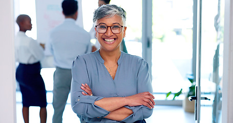 Image showing Leadership, confidence and proud woman in startup office with smile and vision at marketing workshop. Team leader, ceo and happy woman, advisory consultant in creative advertising agency in India.