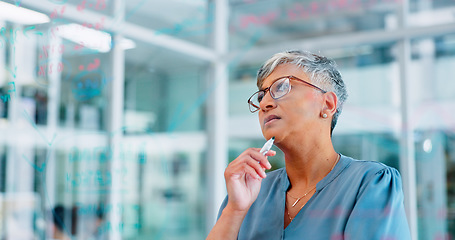 Image showing Corporate, writing and senior woman thinking, glass board and planning sales growth in modern office. Ceo, female entrepreneur and advertising agent make notes, project schedule or brainstorming idea