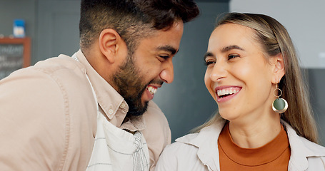 Image showing Young couple in kitchen, people cooking in Mexico apartment and comic Indian man joke with girlfriends smile. Face of happy latino woman talking, bonding on home date and love funny time together