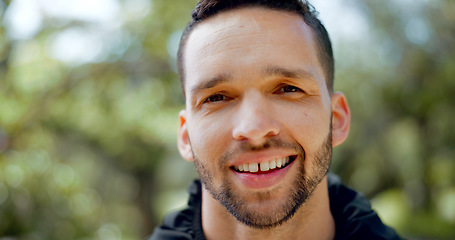 Image showing Face, hiking and fitness in forest, nature woods and Brazilian amazon environment and climate change goals or sustainability target mindset. Portrait, happy smile or earth volunteer man in motivation