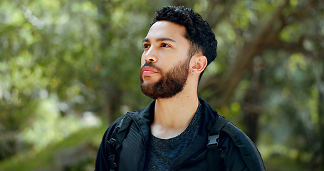 Image showing Man, thinking and hiking in nature forest, Brazilian amazon woods or sustainability environment for workout, training and exercise. Confused hiker, lost person or backpacker in countryside adventure