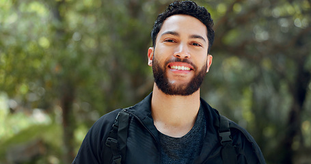 Image showing Young man portrait, nature hiking and freedom, travel and adventure in peace, calm and morning hike outdoors. Happy, fitness and smile arab guy, trekking travel and summer park in Egypt environment