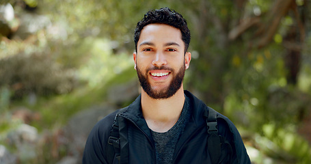 Image showing Man, hiking or volunteer in nature woods, sustainability environment or Brazilian Amazon rainforest. Portrait, smile or happy person in garden park with climate change mindset or earth security goals