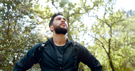 Image showing Man, thinking and hiking in nature forest, Brazilian amazon woods or sustainability environment for workout, training and exercise. Confused hiker, lost person or backpacker in countryside adventure