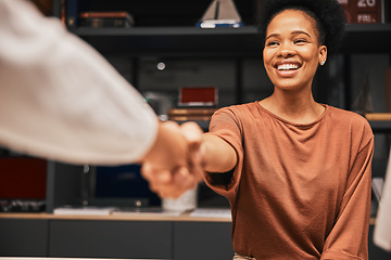 Image showing Handshake, interview and black woman meeting an employee for a deal, thank you or partnership. Business, hr and African professional shaking hands with a corporate partner for a welcome or promotion