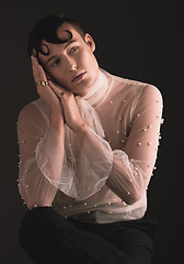 Image showing Gender neutral, fashion and Victorian aesthetic with designer clothing and faux pearls in studio. Isolated, black background and lgbtq or gay model with jewelry and creativity and non binary art