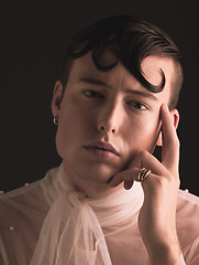 Image showing Queer, beauty portrait and man isolated on dark background for fashion, creative vision and elegant transgender or cross dressing. UK model or person face for lgbtq, cosmetics and makeup in studio