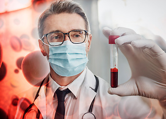 Image showing Covid, doctor with mask and blood sample overlay for pathology, healthcare and virus testing in laboratory. Science, analytics and dna for medical research and vaccine manufacture, innovation in lab.