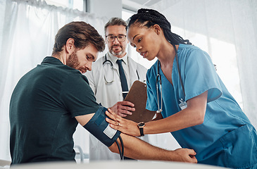 Image showing Nurse, doctor and patient with blood pressure test in hospital for heart health or wellness. Healthcare, hypertension consultation and medical physician with man for examination with sphygmomanometer