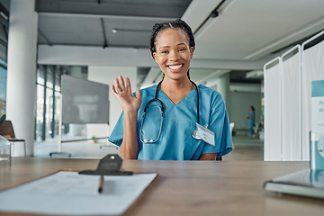 Image showing Portrait, black woman and doctor greeting, hospital and smile with success, medicine development and confidence. Face, African American female and medical professional with wave, healthcare and happy