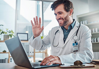 Image showing Video call, wave and doctor with a laptop for telehealth, online consultation and webinar. Medicine, hello and professional surgeon greeting on a virtual healthcare meeting, workshop or seminar