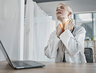 Image showing Injury, burnout and a doctor with neck pain, inflammation and stress from healthcare work. Anxiety, problem and tired mature medical professional with a painful body, stressed and tense from career