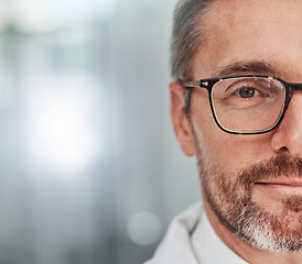 Image showing Doctor, face and portrait smile for healthcare, vision or career ambition in life insurance on mockup. Closeup of happy male medical expert half smiling for medicare against a blurred background