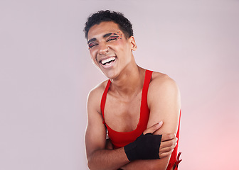 Image showing Creative, punk and portrait of man in studio, happy and laughing against a gradient background. Face, smile and gen z humor, fashion and aesthetic by make model with creative, art or retro expression