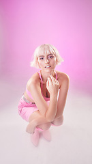 Image showing Woman, fashion and portrait on pink background in studio with smoke for cyberpunk, cosplay or ai. Aesthetic model person for beauty and futuristic style for art, fantasy or augmented reality backdrop