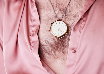 Image showing Watch, jewelry and fashion with a man model closeup in an open shirt showing his chest hair for 70s style. Jewellery, lgbt and necklace with a gay male posing for edgy, trendy or contemporary style